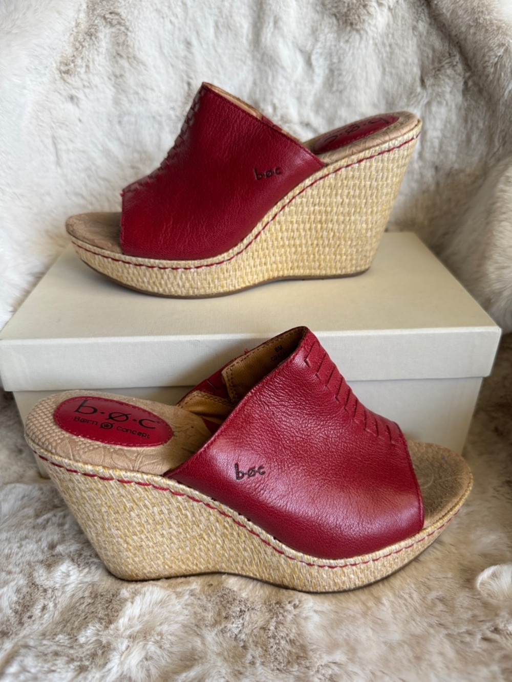 b.o.c. Red Leather Wedge Slide Sandals with Woven Platform